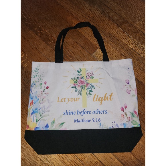 Handbags - Let Your Light Shine Matthew 5:16 Floral Cross Canvas Tote Bag White Black